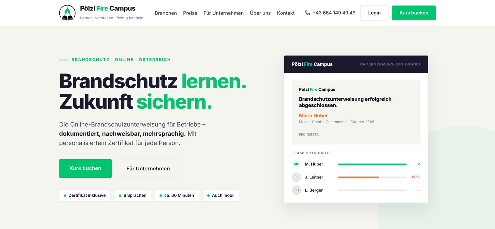 Startseite von Pölzl Fire Campus mit Kursbuchung und Vorschau auf das Unternehmens-Dashboard